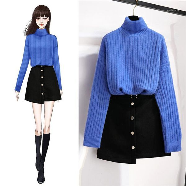 

new winter sets high collar loose long-sleeved sweater black a line skirt suits women 2 pcs clothing set outfit knitwear suit1, White