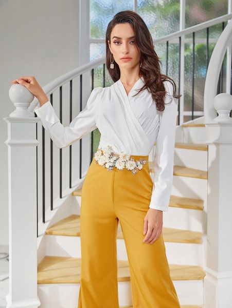 

surplice neck applique detail colorblock jumpsuit k7gm#, White