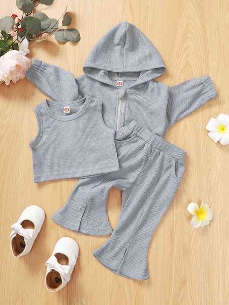 

baby waffle knit tank & hooded jacket & split hem flare leg pants she, White