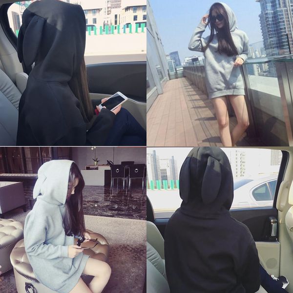 

none women's clothing women's sweatshirts fashion autumn solid none rabbit ears hooded sweatshirt women's sweatshirts q0115, Black