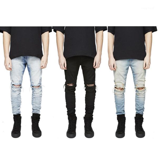 

wholesale-fashion style men ripped jeans classic denim fabric destroyed male pants elastic 3 colors hiphop comfortable stretch trousers1, Blue