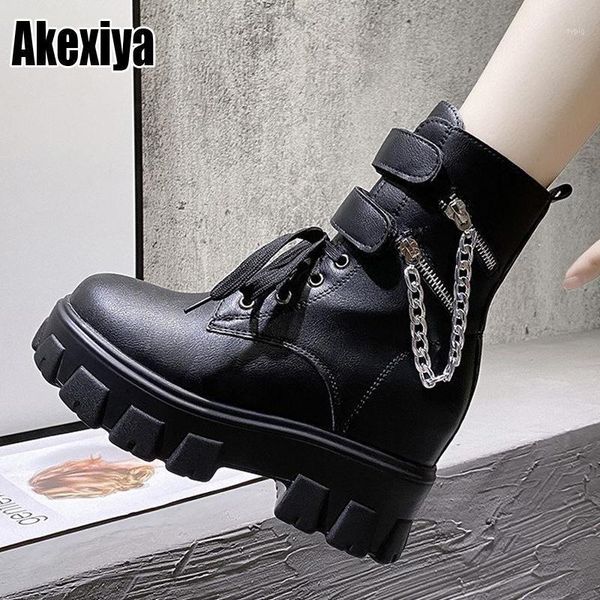 Stivali Punk Catena di Metallo Pu Caviglia In Pelle Per Le Donne 2021 Signore Nere Chunky Piattaforma Scarpe Gotiche Donna Autunno P4531