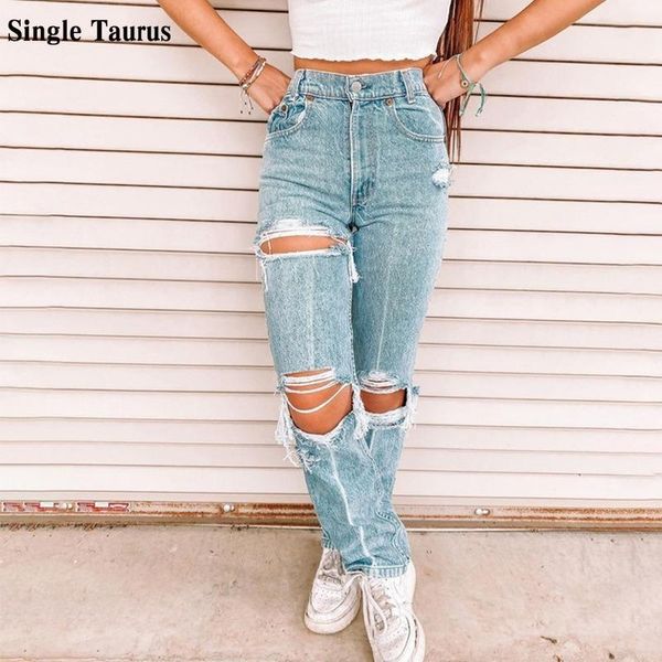 

women's jeans 2021 fall female trousers fashion hole distressed ripped for women high waist loose streetwear straight denim pants, Blue