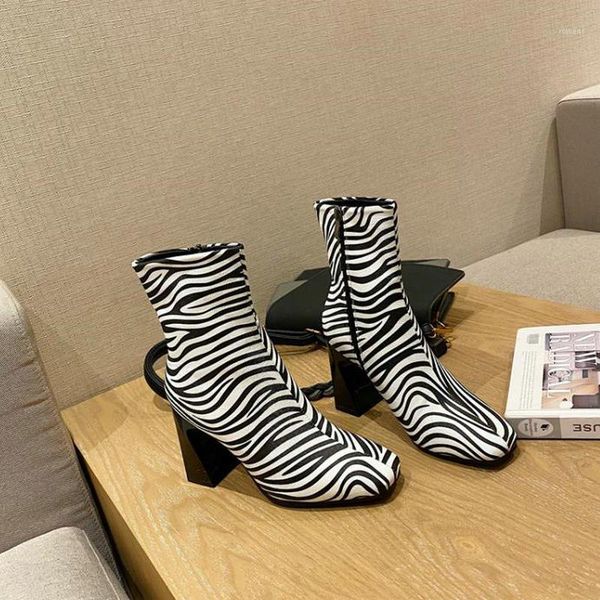 

square toe thick heel short boots new high-heel zebra print women's boots for autumn and winter side zipper ankle bare1, Black