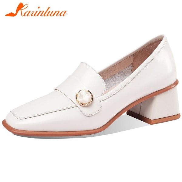 

dress shoes karin fashion square toe med heels pumps elegant patent genuine leather women spring brand design woman, Black