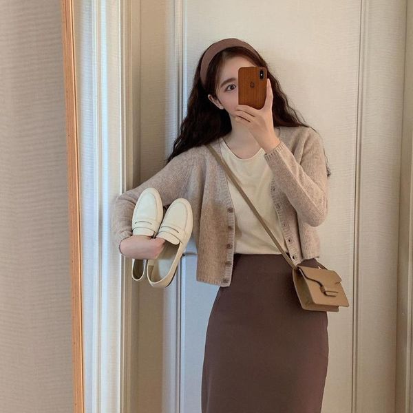 

new women's sweaters suit autumn winter casual solid v neck cardigans sweater single breasted loose cardigan pencil skirt suits, Gray