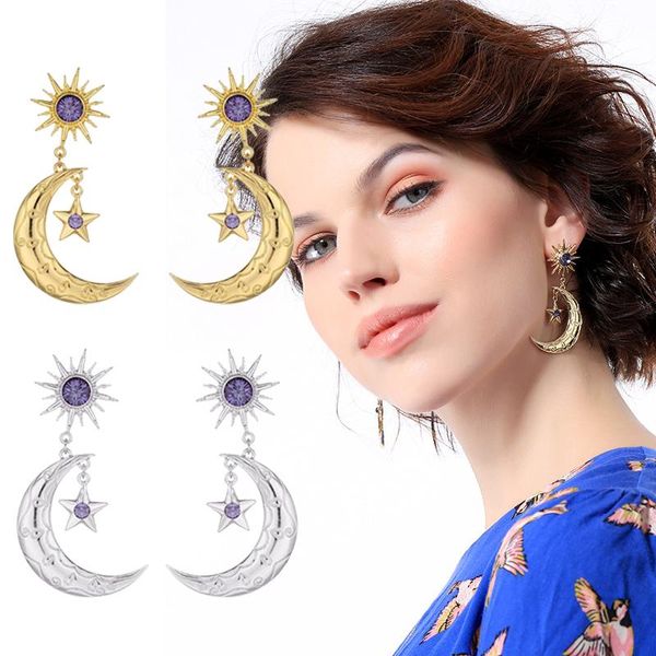 

dangle & chandelier bohemia handmade crystal trendy star women earrings star-moon asymmetric drop jewelry, Silver