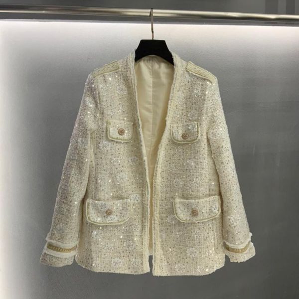 

2021 new ladies fashion long sleeve v-neck beaded cardigan woven splicing gold silk jacket 0915, Black;brown