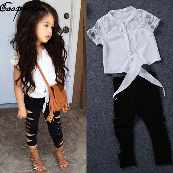 

girls clothes set summer white lace shirt ripped leggings baby girl clothing set fashion brand outfits kids clothes suit holes y200525