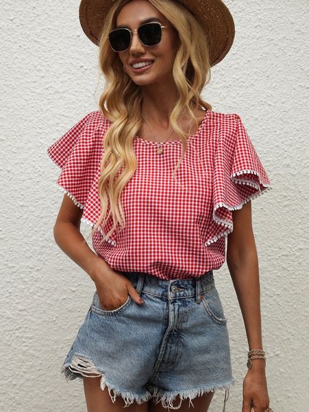 

gingham guipure lace detail flutter sleeve blouse l2dp#, White