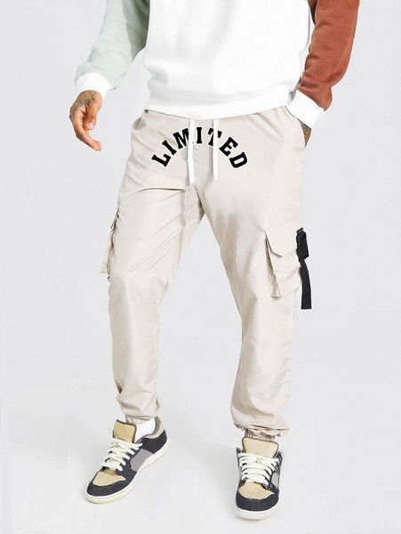 

men letter graphic drawstring buckle detail cargo pants x39h#, Black