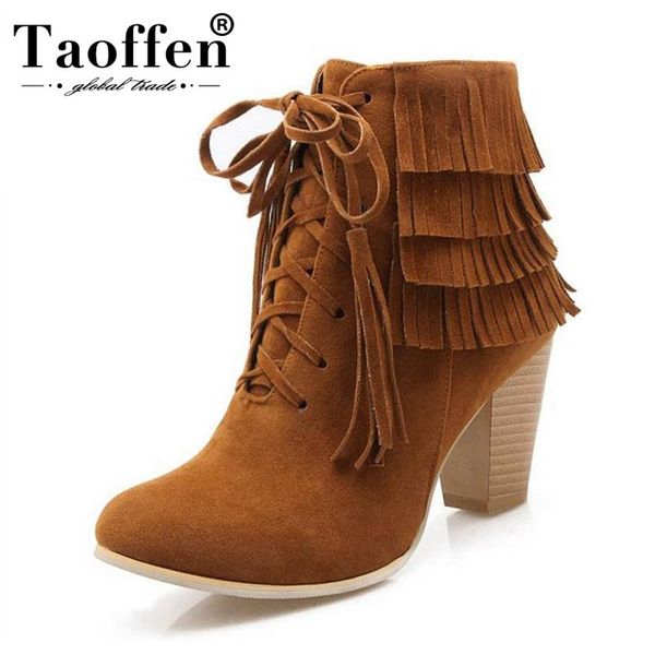 

boots taoffen size 34-43 4 colors ladies high heel fringes zipper ankle woman shoes fur winter short, Black