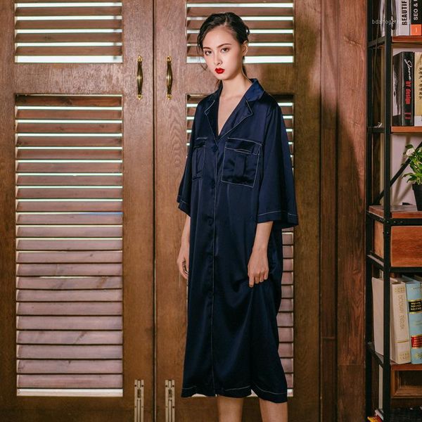 

women's sleepwear 2021 spring and summer thin models european american style simulation ice silk long-sleeved nightdress home1, Black;red