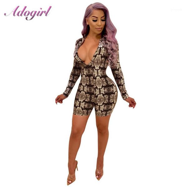 

adogirl snake skin print bodycon playsuit women summer v neck long sleeve slim playsuit night club romper overalls outfits1, Black;white