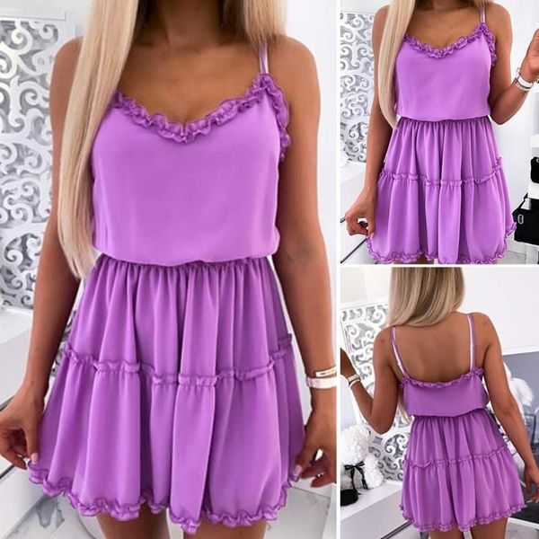 

women dress fashion backless spaghetti strap lace neck ruffled hem mini sling dress woman for home party beach street wear 2021, Black;gray