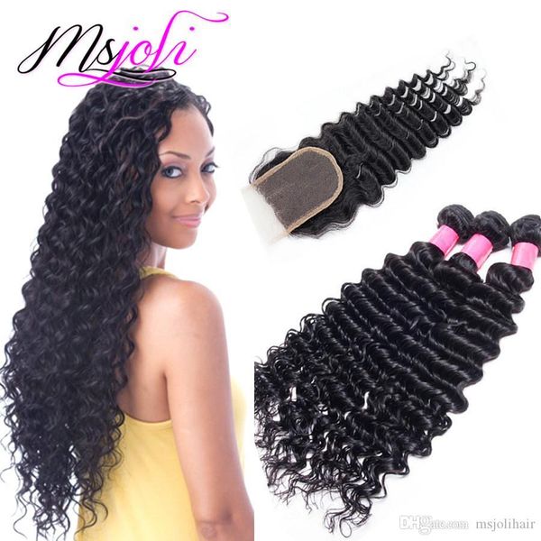 

brazilian unprocessed virgin human hair weave deep wave natural color 4x4 lace closure with three bundles from ms joli, Black;brown