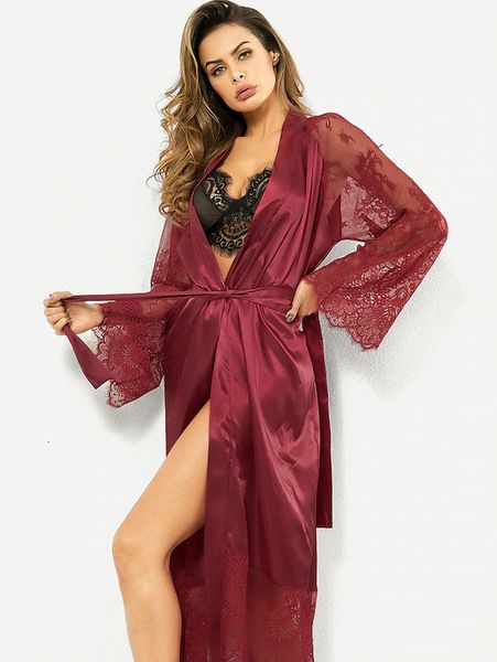 

womens ice silk sleepwears designer panelled lace hollow out bathing robes females solid color sashes underwears, Black;white
