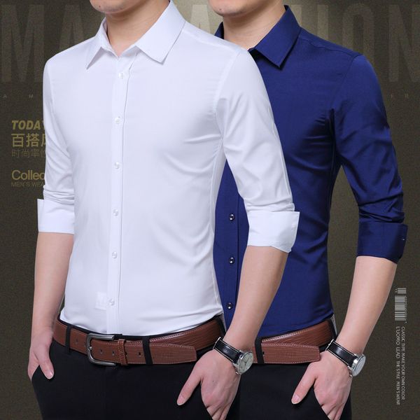 

men's classic standard-fit stretch shirt single patch pocket thin long sleeve formal business solid white basic shirts, White;black