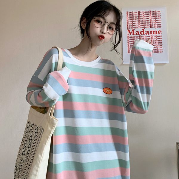 

стиль 2020 пуловер свитер top свитер новой моды полосатый с длинным рукавом футболки для женщин потерять свитер тонкий топ для женщин e3dpm, Black