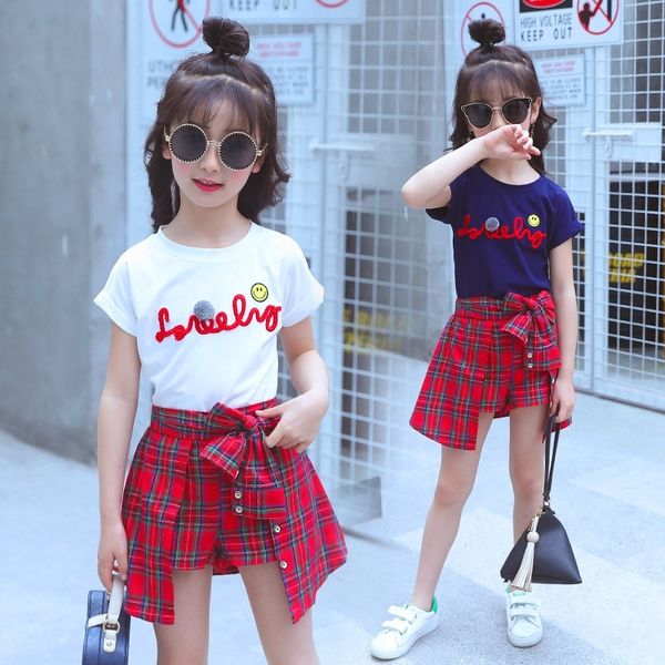 

clothing set child clothes summer girls boutique outfits t-shirt + plaid skirt 2 to 15 years y200901, White