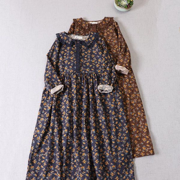 

new spring women dress japan style mori girl literary floral print lace loose turndown collar long dresses, Black;gray