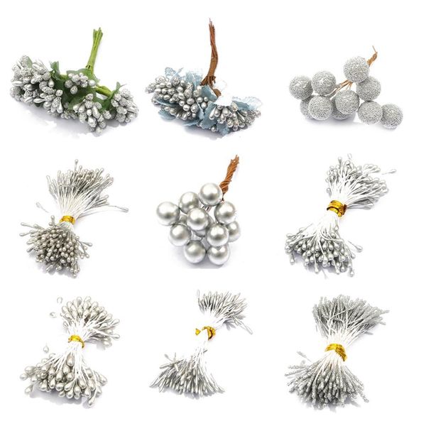

10-144pcs silver artificial hybrid cherry stamen berries bundle diy christmas wedding cake gift box wreaths fake flower