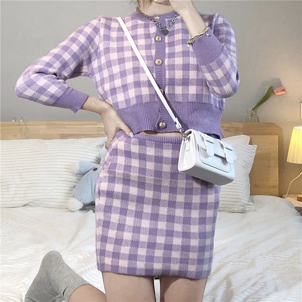 

2021 new high-end women's 3 piece sweet skirt higher chess cardigan t-shirt retro-feminine ensembles combining clothes 8x3r, Gray