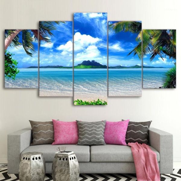 

paintings frame decor room wall art 5 pieces palm trees blue sky white cloud sea scene posters modular pictures canvas hd prints1