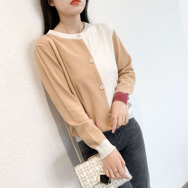 

autumn 20 new pure woolen sweater women's round neck cardigan versatile color matching long sleeve casual korean version thin knitting, White;black