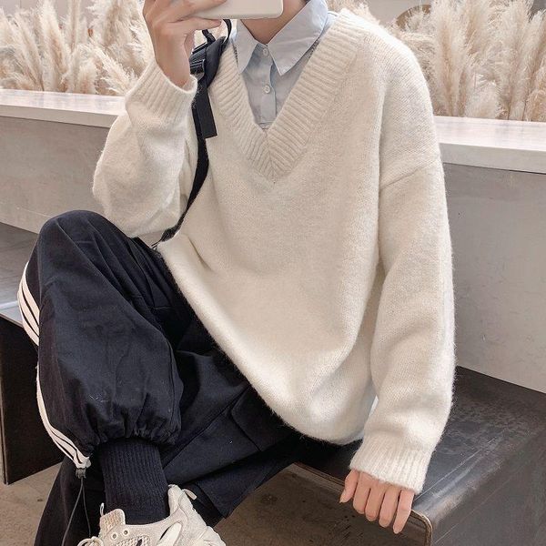 

2020 winter men's v-neck two piece splicing coats casual long sleeve wool sweater loose pullover male 2-color clothes knitting, White;black