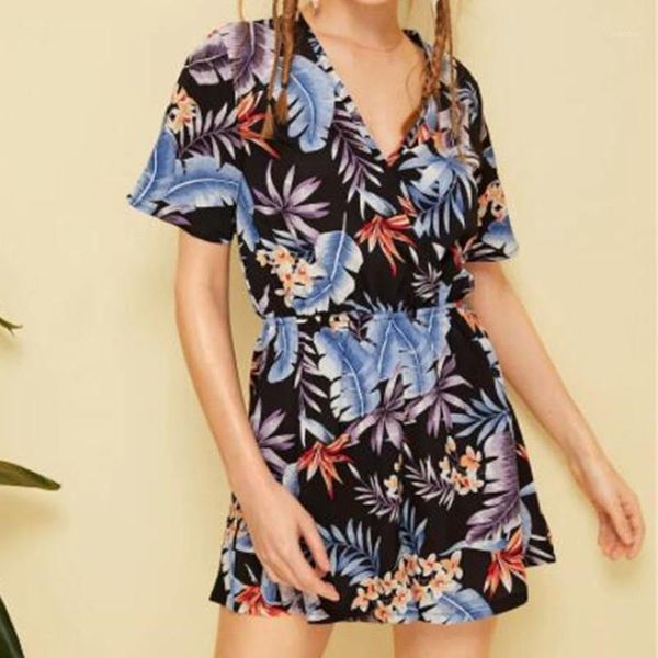 

jumpsuit women summer 2020 sweet korean version floral print short sleeve v-neck jumpsuit summer playsuit beach rompers#g11, Black;white