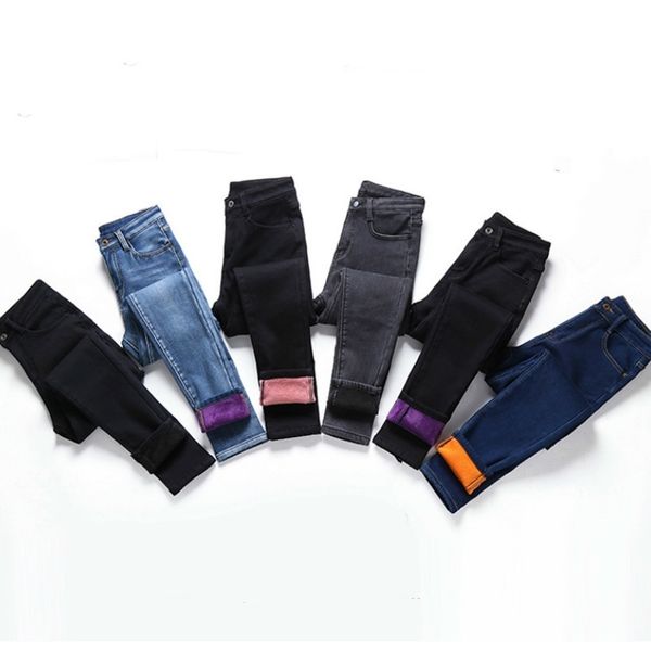 

women stretch high waist winter plush warm oversized jeans lady plus size 5xl skinny pants students jeans pencil trousers 201030, Blue