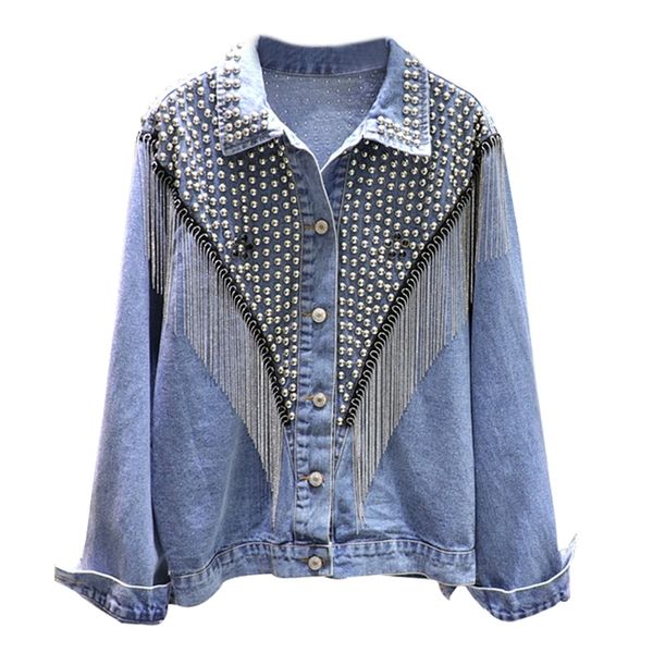 

2021 new rivet tassel jacket women turn-down collar loose casual coat female outwear denim feminine streetwear jean jackets wffz, Black;brown