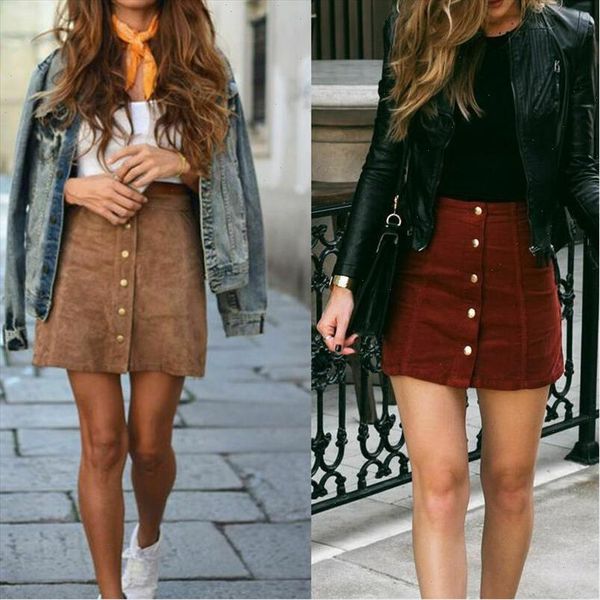 

2021 elegant women ladies fashion summer skirts high waist single breasted solid slim a line suede leather mini skirts 2 style, Black