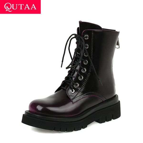

qutaa 2021 повседневный круглый toe ботильоны pu кожа квадратный каблук женская обувь зимняя keep warm узелок zipper полусапоги size34-43, Black