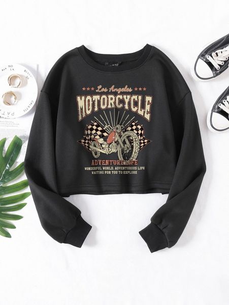 

motorcycle & letter graphic thermal lined crop sweatshirt t3ja#, White;black