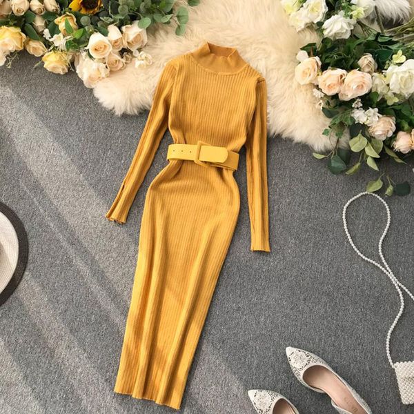 

turtleneck sweater dress 2020 women fashion autumn winter lady slim sweater bandage bodycon dress long sleeve knitted dress lj201202, Black;gray