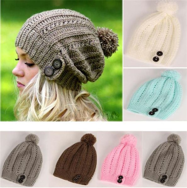 

women button hat slouchy knitting beanie caps knitted winter women cotton lady pompom caps warm winter ski hat warm caps k0752, Blue;gray
