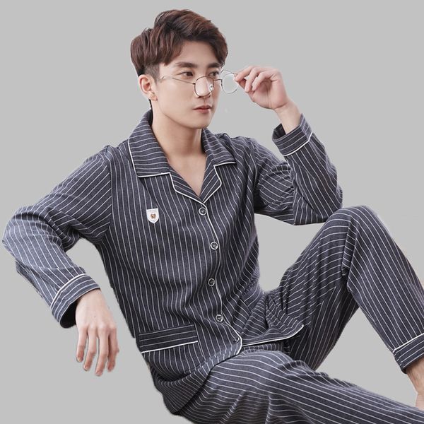 

2021 new spring autumn men's stripe sleepwear shirt style long sleeve cotton button cardigan pajamas elegant household suit, Black;brown