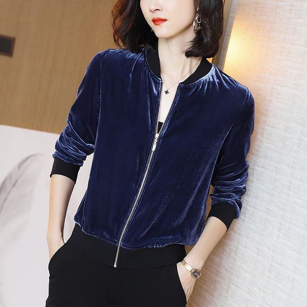 

women wine red velvet cropped jacket casual zipper short outerwear spring female jackets blue coat wild fashion cardigan 2021new, Black;brown