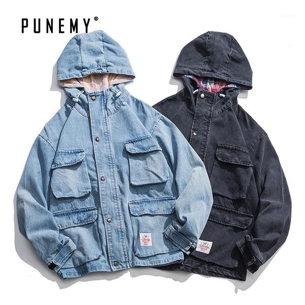 

men denim jackets multi-pockets safari style harajuku hip hop streetwear washed hooded vintage oversize cargo jacket man's coats1, Black;brown