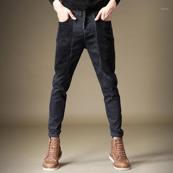 

fashion patchwork jeans men black regular fit elastic waist pencil pants1, Blue