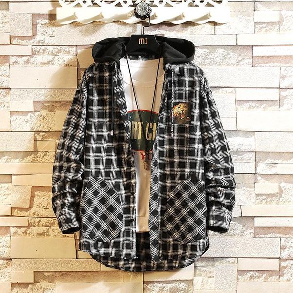 

new style japanese korean streetwear shirts mens plaid blouses shirts male fashion harajuku long sleeve plaid hooded shirt1, White;black