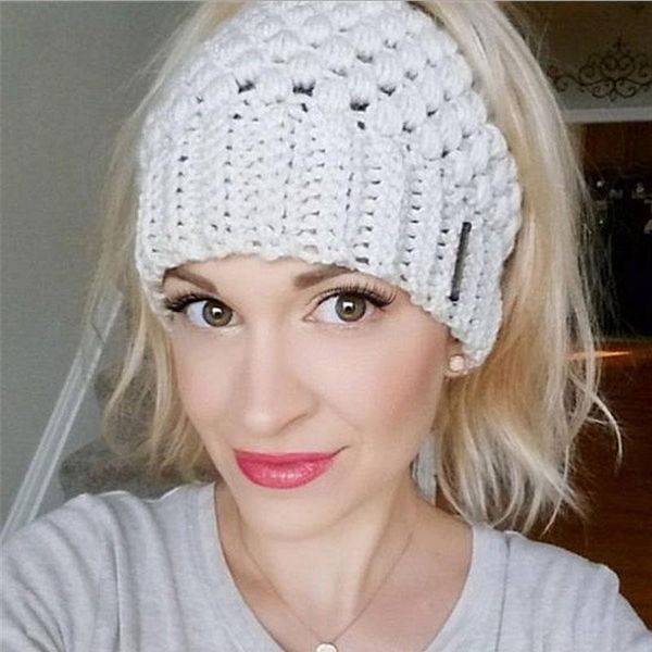 

beanie/skull caps winter women hat ladies girl stretch knit knitting hats with tag messy bun warm, Blue;gray