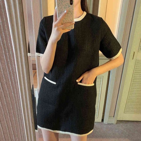 

Chic Simple Dress Woman Spring Retro Round Neck Contrast Color Edging Design Loose Straight Short Dresses Tide, Black;gray