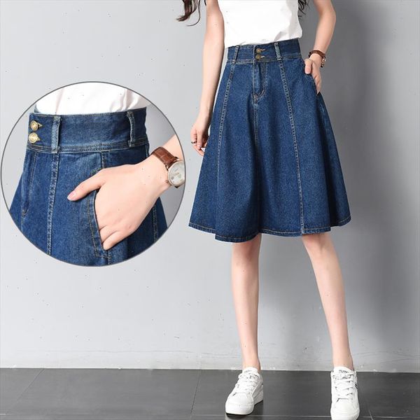 

plus size high waist denim skirts women summer pockets midi jeans skirt ladies korean casual skirts jupe femme faldas, Black