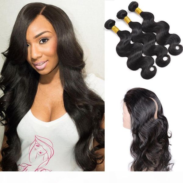 

brazilian peruvian malaysian indian human hair 3 bundles body wave with 1pc of 360 lace frontal closure for a full head hair extension, Black;brown