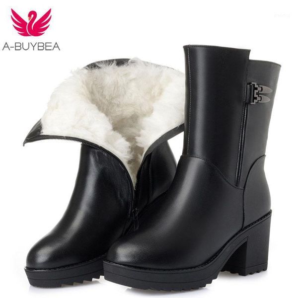 

boots 100% natural full genuine leather warm wool in-tube women snow fashion square heel winter shoes1, Black