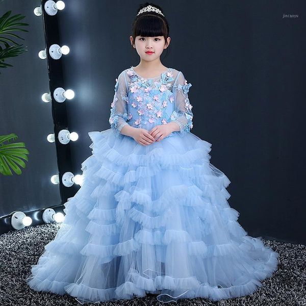 

luxury flower girl dresses for weddings lace appliques long sleeve sweep train girls pageant dress for kid communion gowns1, Red;yellow