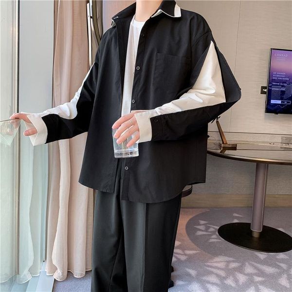 

2020 spring and autumn new youth popular unique design fake two-color contrast long-sleeved shirt fashion casual loose top, White;black